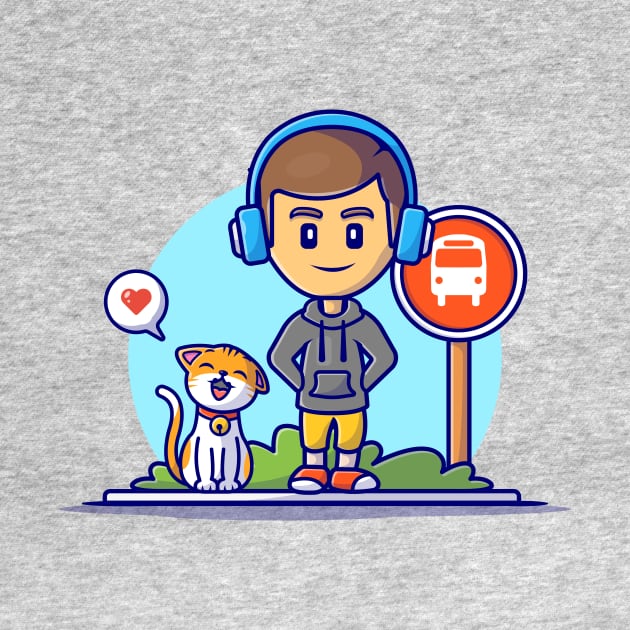 Cute Male With Cat Waiting Bus Cartoon Vector Icon Illustration by Catalyst Labs